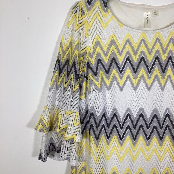Tacera Midi Shift Dress XL Chevron Zig Zag Crochet Boho Yellow Grey Bell Sleeve - Picture 3 of 7